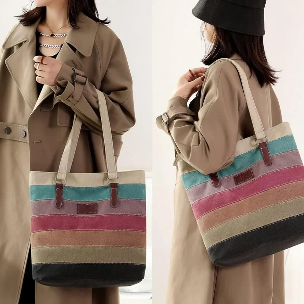 Canvas Handbag Multi-Color Striped Lattice Cross Body Shoulder Purse Bag Tote-Ha - Picture 6 of 6